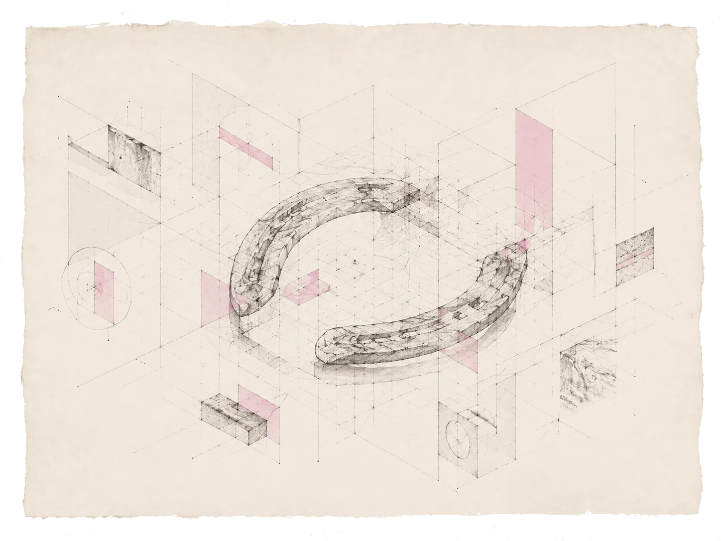 A broken circular form examined within a layered geometric field, drawn in fine lines with pink accents.