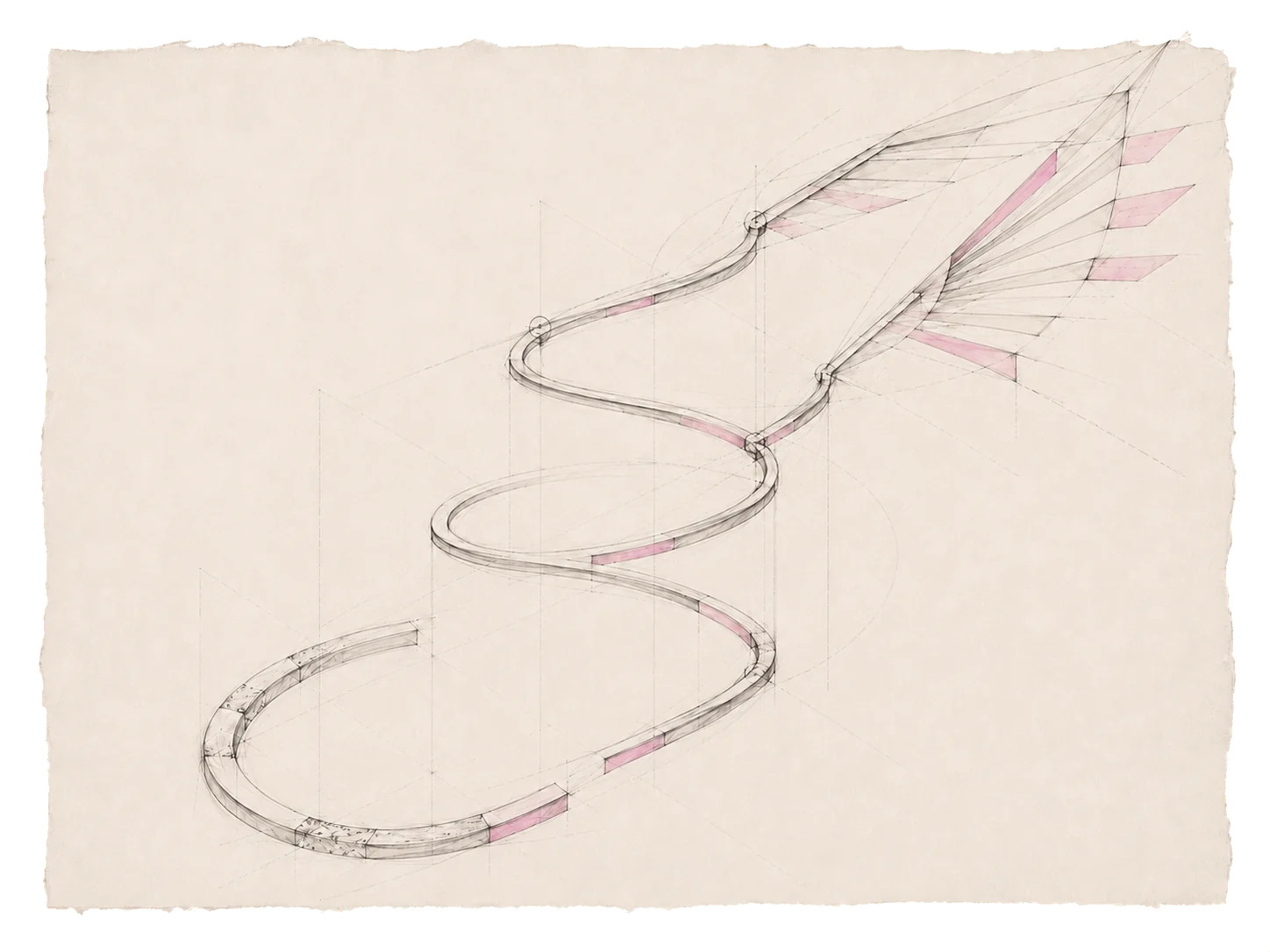 A looping path develops into a wing-like geometric structure, drawn in fine lines with pink accents.